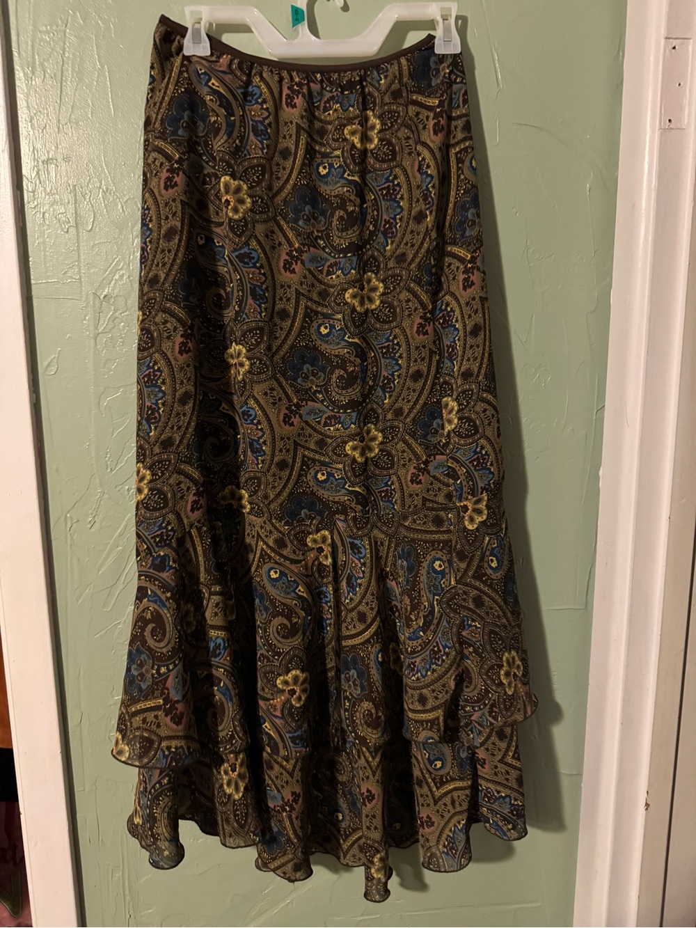 Double D Ranch Olive Paisley Maxi Skirt with Blue and Yellow Accents
